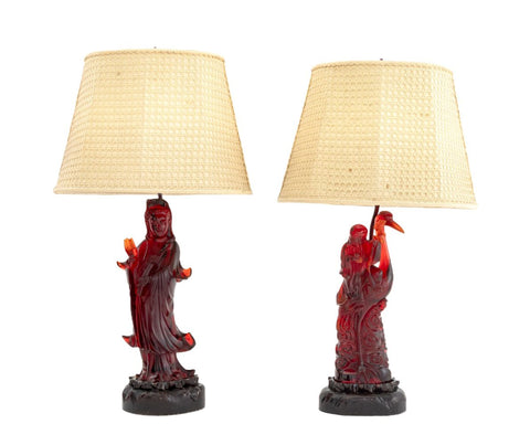 Chinese Cherry Red Amber Figural Table Lamps, Pair