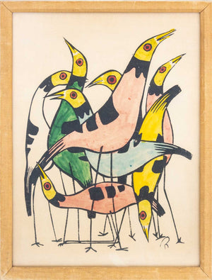 Contemporary School Stylized Birds Woodblock Print