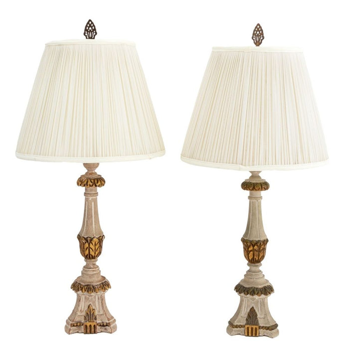 Gilt & Painted Wood Candlestick Lamps, Pair