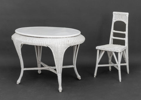 Vintage White Wicker Dressing Table and Chair