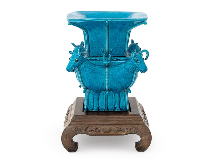 Chinese Peacock Blue Ram's Head Motif Vase