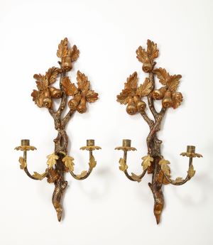 Pair of 19th Century Continental Hand Painted Ormolu Carved Wood Candle Sconces  - Pears & Leaves