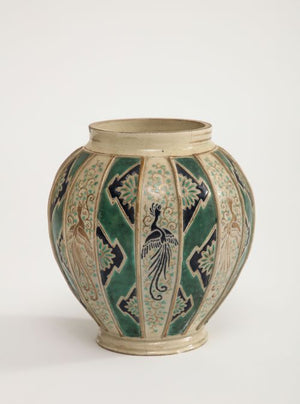 German Art Deco Glazed Green and Natural Pottery Vase with Hand Painted Birds (9002045866291)