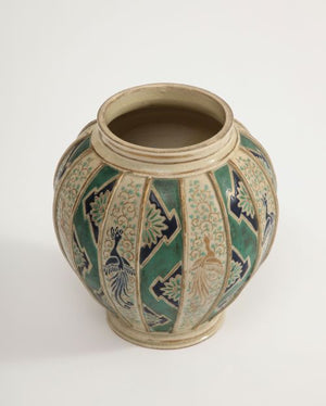 German Art Deco Glazed Green and Natural Pottery Vase with Hand Painted Birds (9002045866291)