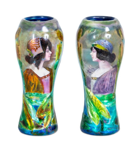 Camille Faure Attr. Enamel Portrait Vases, Pair