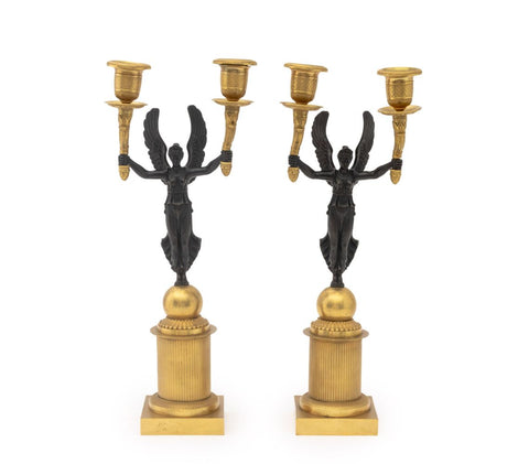 Empire Style Patinated and Gilt Metal Candelabra, Pair