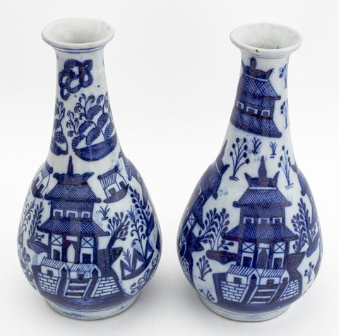 Chinese Blue and White Bottle Vases, Pair
