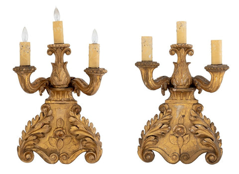 Baroque Style Giltwood Candelabra Sconces, Pair