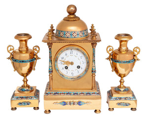 French Brass and Champleve Enamel Clock Set, 3 (9846901670195)