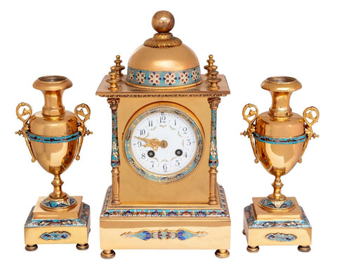 French Brass and Champleve Enamel Clock Set, 3