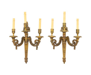 Neoclassical 3-Branch Gilt Bronze Sconces, Pair (9832677572915)