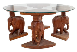 African Elephant Carved Wood Low Table / Glass Top (8920560238899)