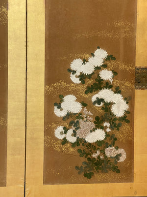 Japanese Two Panels Screen Featuring Chrysanthemums Flowers (8860807659827)