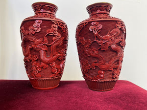 Pair of Chinese Cinnabar Vases with Two Dragons Each (9022757994803)