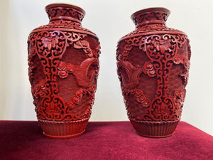 Pair of Chinese Cinnabar Vases with Two Dragons Each (9022757994803)
