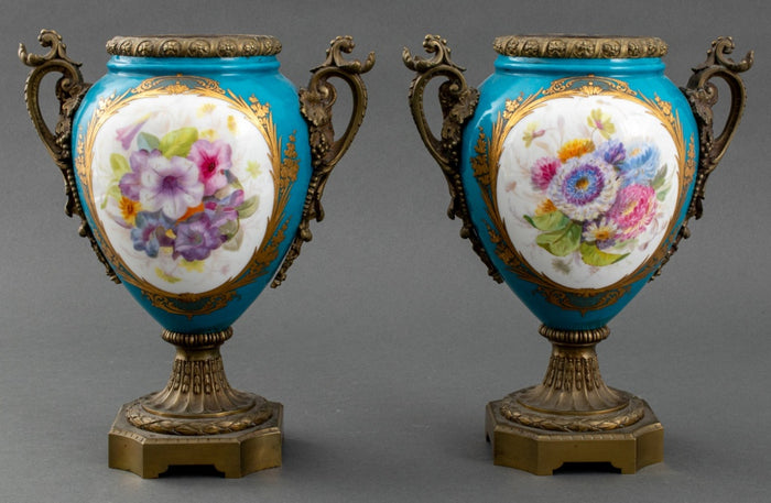 19th C. Sevres Style Giltmetal Mounted Vases, Pair