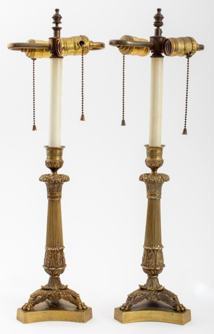 Charles X Gilt Metal Candlestick Lamps, Pair