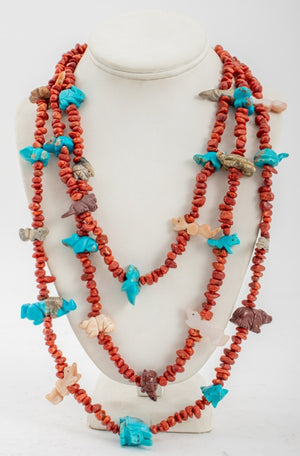 Zuni Native American Coral Carved Fetish Necklace (8456575942963)