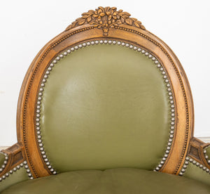 Louis XVI Style Green Leather Bergere Arm Chairs 2 (8906420322611)