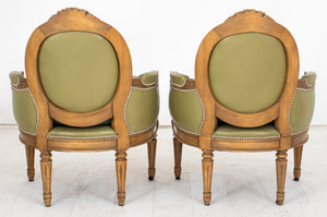 Louis XVI Style Green Leather Bergere Arm Chairs 2 (8906420322611)