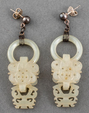 Chinese Carved White Jade Silver Earrings (8799829360947)