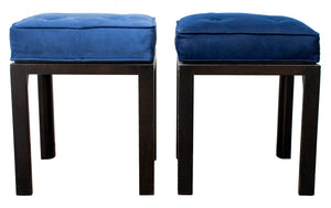 Mid-Century Blue Suede Upholstered Stools, Pair (8889767723315)