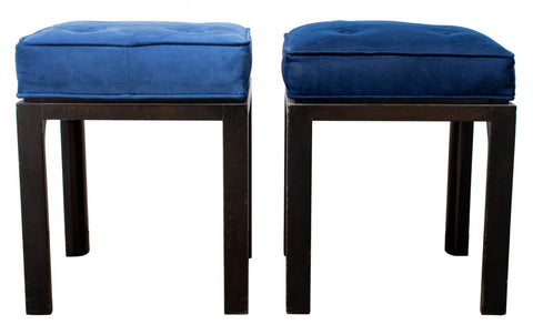 Mid-Century Blue Suede Upholstered Stools, Pair