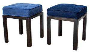 Mid-Century Blue Suede Upholstered Stools, Pair (8889767723315)