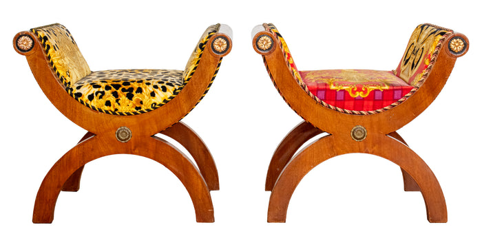 Versace Upholstered Curule Benches, Pr