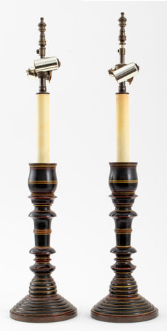 Americana Painted Turned Wood Table Lamps, Pair