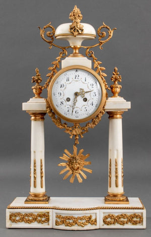 French Alabaster and Brass Portico Mantel Clock (8867988963635)
