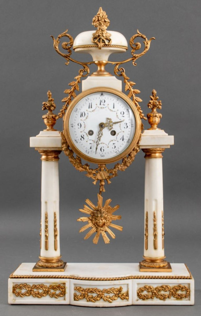 French Alabaster and Brass Portico Mantel Clock