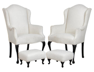 Queen Anne Style Wingback Chairs & Stools, Pair (9345651310899)