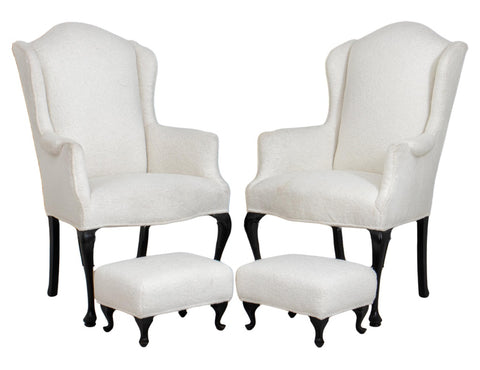 Queen Anne Style Wingback Chairs & Stools, Pair