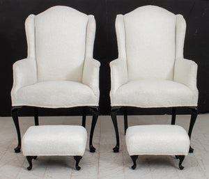 Queen Anne Style Wingback Chairs & Stools, Pair (9345651310899)