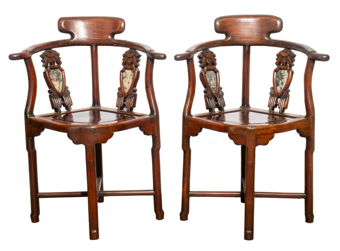 Chinese Huanghuali & Marble Corner Chairs, Pair
