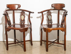 Chinese Huanghuali & Marble Corner Chairs, Pair (9182223302963)