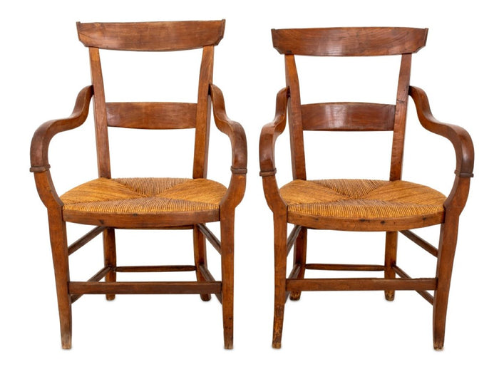 French Provincial Style Walnut Rush Seat Armchairs