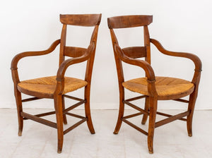 French Provincial Style Walnut Rush Seat Armchairs (9555752616243)