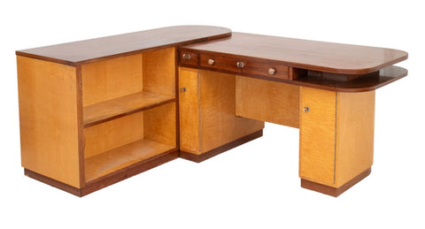 Art Deco Walnut & Birch L-Shaped Desk