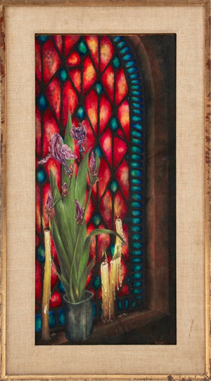 Charles Blum Irises and Stained Glass Oil on Board (9618688344371)