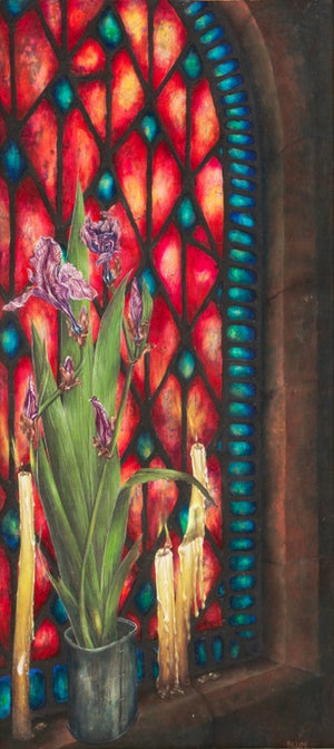 Charles Blum Irises and Stained Glass Oil on Board (9618688344371)