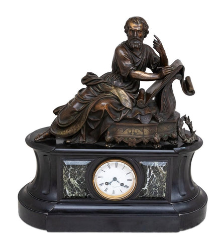 French Patinated Bronze and Marble Figural Clock