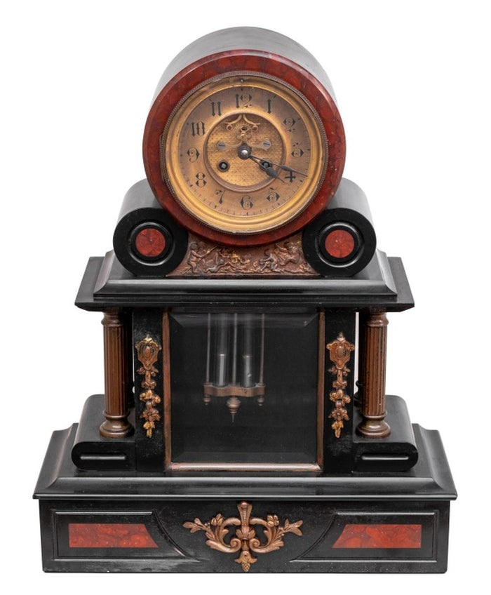 French Marble and Black Slate Mantel Clock