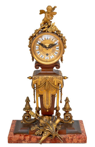 French Patinated Bronze and Marble Mantel Clock