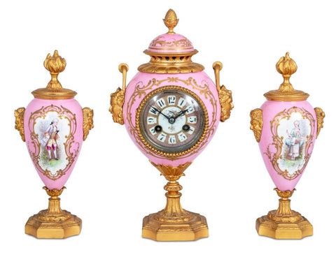 Louis XVI Style Gilt Bronze Sevres Clock Set, 3