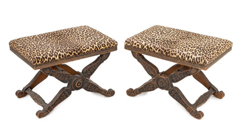 Regency Style Leopard Print Upholstered Stools, 2