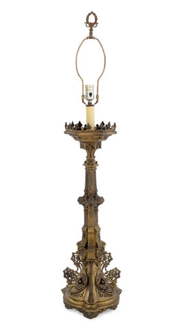 Gothic Style Brass Altar Candlestick as Lamp