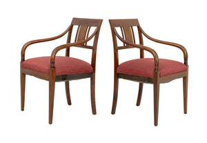 Regency Style Marquetry Walnut Armchairs, Pair