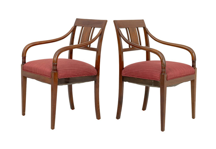 Regency Style Marquetry Walnut Armchairs, Pair